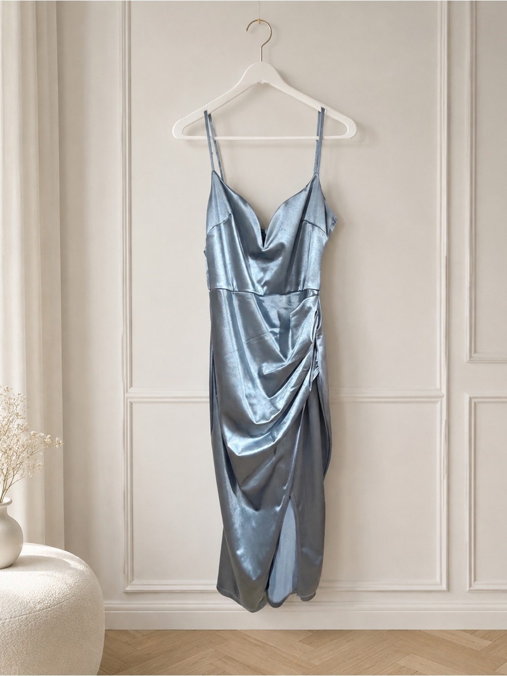 Light Blue Satin Ruched Midi Dress